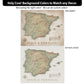 The image is a collage of two different background color options for a map of Spain and Portugal. The first option is a natural wood background, and the second option is a neutral background. The collage is designed to help viewers choose the most suitable background color to match their desired decor.