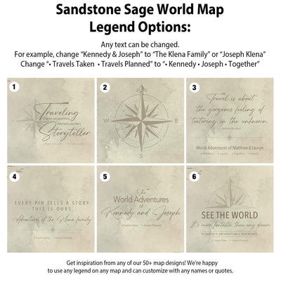 six different map designs, each with a unique title and description. The titles include "Traveling Storyteller", "Adventure of the Kona Family", "World Adventures", "Adventure of the Kona Family", "World Adventures", and "See the World". The descriptions provide information about the map&
