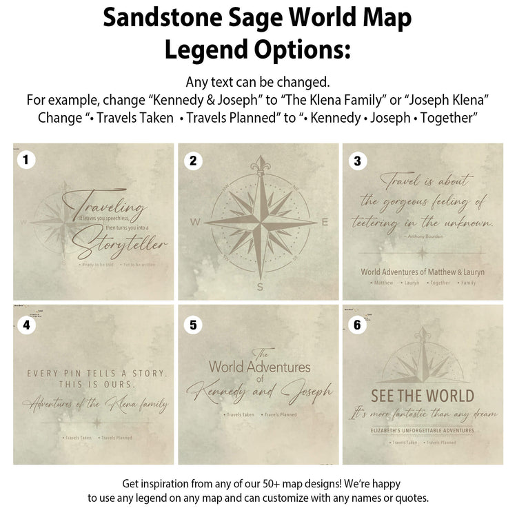 six different map designs, each with a unique title and description. The titles include "Traveling Storyteller", "Adventure of the Kona Family", "World Adventures", "Adventure of the Kona Family", "World Adventures", and "See the World". The descriptions provide information about the map&