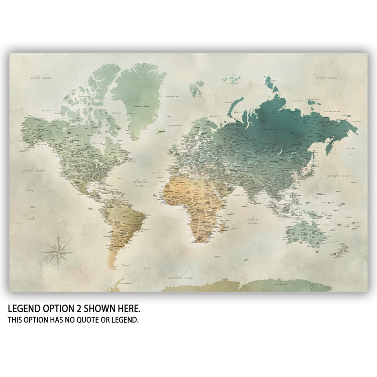 The image is a world map with a vintage or artistic style, depicting the continents and oceans in a detailed manner.