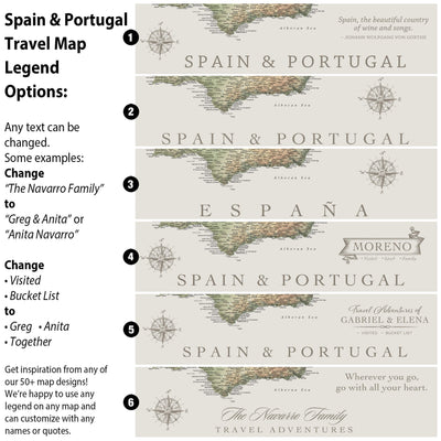 The image is a travel map legend featuring various options for customizing the map, including changing the "Spanish & Portuguese" text, changing the "Albanian Sea" name, and changing the "Spanish" and "Portuguese" text. The legend also includes options for changing the "Visited" and "Bucket List" text, as well as the "Spanish & Portuguese" text. The legend provides a variety of map designs and allows for personalization, offering a diverse range of options for travelers.