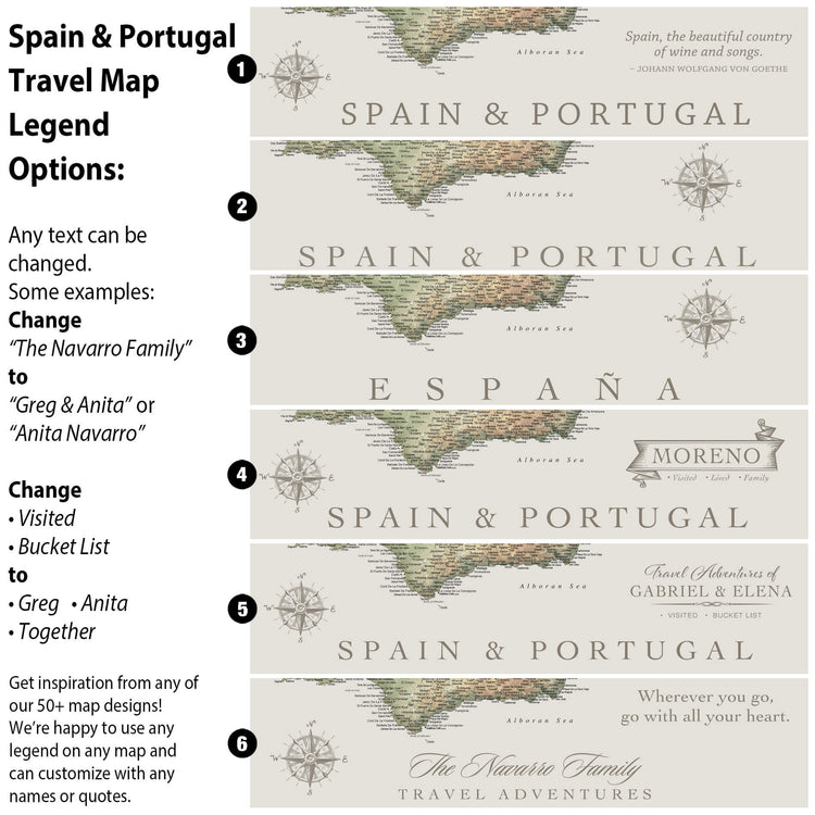 The image is a travel map legend featuring various options for customizing the map, including changing the "Spanish & Portuguese" text, changing the "Albanian Sea" name, and changing the "Spanish" and "Portuguese" text. The legend also includes options for changing the "Visited" and "Bucket List" text, as well as the "Spanish & Portuguese" text. The legend provides a variety of map designs and allows for personalization, offering a diverse range of options for travelers.