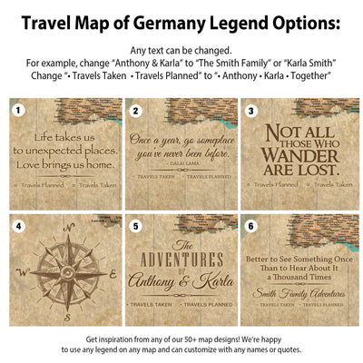 six different travel map designs, each with a unique theme and message. The designs include a compass rose, a quote about travel, a map of Germany, a quote about love, a quote about adventure, and a quote about family. The text on the images can be changed to create a personalized travel map for any individual or group.