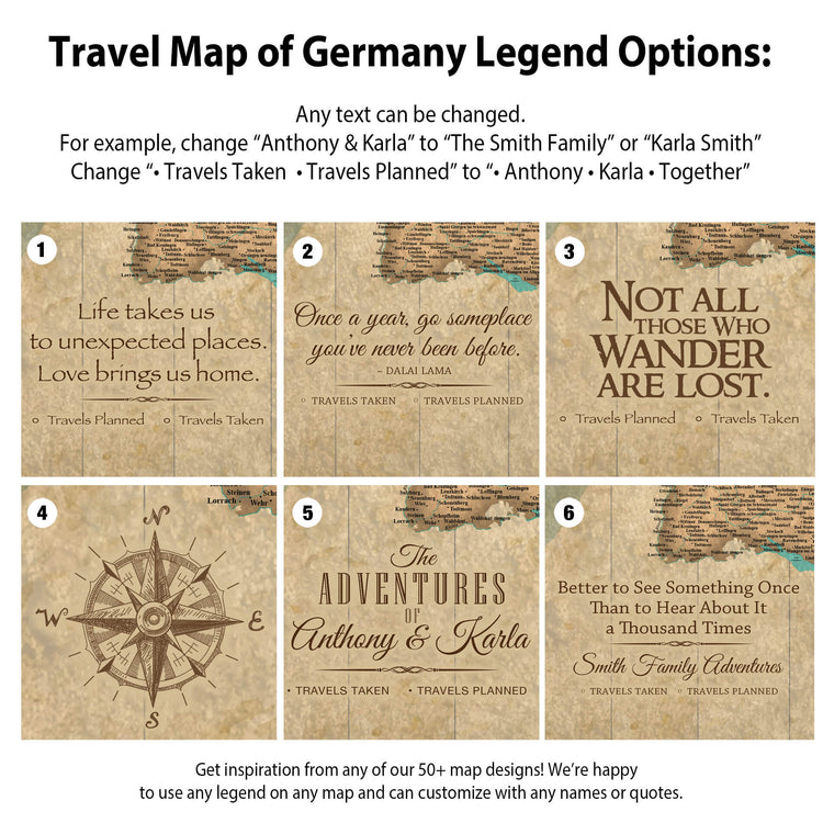 six different travel map designs, each with a unique theme and message. The designs include a compass rose, a quote about travel, a map of Germany, a quote about love, a quote about adventure, and a quote about family. The text on the images can be changed to create a personalized travel map for any individual or group.