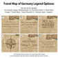 six different travel map designs, each with a unique theme and message. The designs include a compass rose, a quote about travel, a map of Germany, a quote about love, a quote about adventure, and a quote about family. The text on the images can be changed to create a personalized travel map for any individual or group.