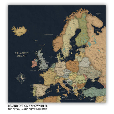 The image is a detailed map of Europe, showing the countries and their borders in a vintage style.