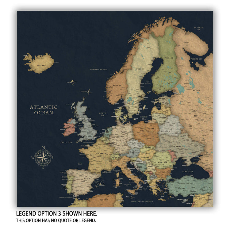 The image is a detailed map of Europe, showing the countries and their borders in a vintage style.