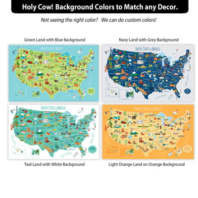 The image is a collage of four different background color options for a map of the United States of America. The options include a green land with blue background, a navy land with grey background, a teal land with white background, and a light orange land on orange background.
