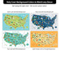 The image is a collage of four different background color options for a map of the United States of America. The options include a green land with blue background, a navy land with grey background, a teal land with white background, and a light orange land on orange background.