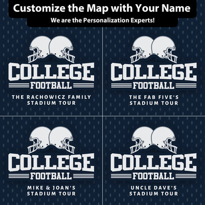 The image is a collage of four different football-themed customizations, each featuring a unique name and a different set of football helmets.