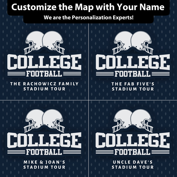 The image is a collage of four different football-themed customizations, each featuring a unique name and a different set of football helmets.