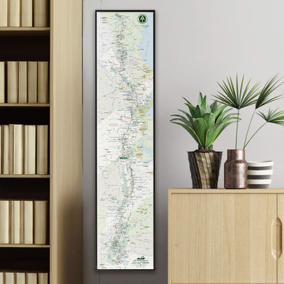 a large vertical map hanging on a wall, with a bookshelf and potted plants in the foreground.