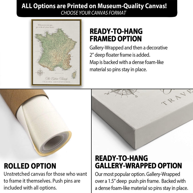 The image is a collage of three different options for a canvas print, each with its own description and features.