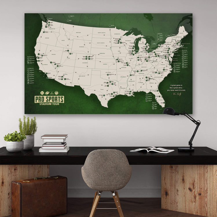 a map of the united states on a wall above a desk
