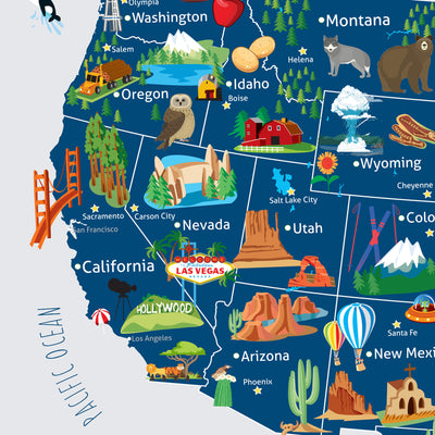 The image is a colorful and detailed map of the United States, depicting various landmarks, cities, and regions across the country.