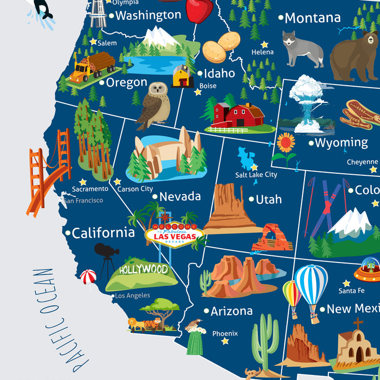 The image is a colorful and detailed map of the United States, depicting various landmarks, cities, and regions across the country.