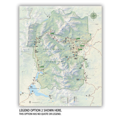 The image is a detailed map of the Rocky Mountain National Park region, showing various landmarks, trails, and points of interest.