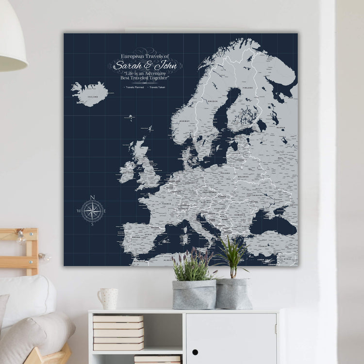 a large, detailed map of Europe on a dark blue background.