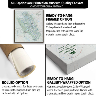 The image is a collage of three different canvas options for a map, each with its own unique features and benefits. The first option is a rolled canvas, which is unstretched and ready to be hung. The second option is a gallery-wrapped option, which is a deep-frame canvas with a decorative 2" frame. The third option is a ready-to-hang gallery-wrapped option, which is a frame with a dense foam-like material to hold the canvas in place.