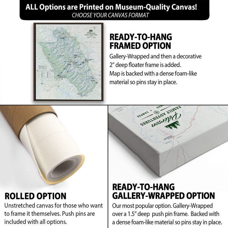 The image is a collage of three different canvas options for a map, each with its own unique features and benefits. The first option is a rolled canvas, which is unstretched and ready to be hung. The second option is a gallery-wrapped option, which is a deep-frame canvas with a decorative 2" frame. The third option is a ready-to-hang gallery-wrapped option, which is a frame with a dense foam-like material to hold the canvas in place.