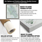 The image is a collage of three different canvas options for a map, each with its own unique features and benefits. The first option is a rolled canvas, which is unstretched and ready to be hung. The second option is a gallery-wrapped option, which is a deep-frame canvas with a decorative 2" frame. The third option is a ready-to-hang gallery-wrapped option, which is a frame with a dense foam-like material to hold the canvas in place.