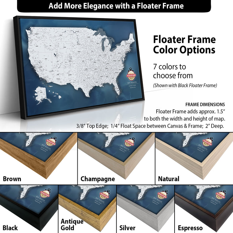 The image is a collage of various framed map color options, including a black frame, a brown frame, a champagne frame, a natural frame, a black frame, a gold frame, a silver frame, and an espresso frame. The image also includes a map of the United States with a floating frame, showcasing the different frame colors available for the map.