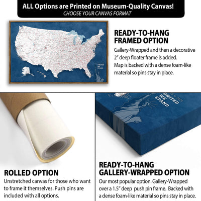 The image is a collage of three different options for a map of the United States, each with its own unique features and benefits.