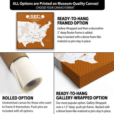The image is a collage of three different canvas options for a map, each with its own unique features and benefits. The first option is a rolled canvas, which is unstretched and ready to be hung. The second option is a Gallery-wrapped and framed option, which provides a decorative and deep-flowered frame for the map. The third option is a ready-to-hang framed option, which includes a deep-pushed pin frame and a dense foam-like material to hold the pins in place.