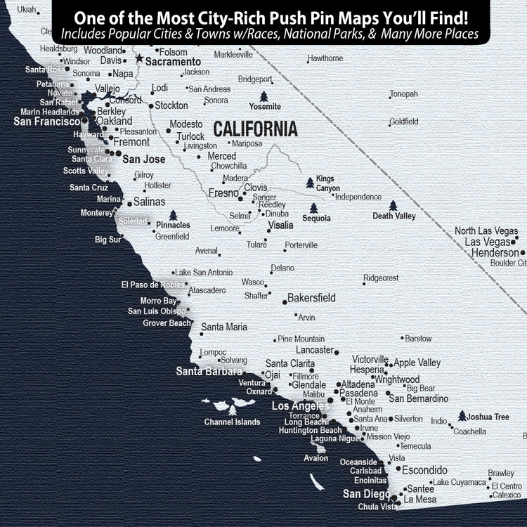 The image is a map of California, showing popular cities and towns with their respective populations.