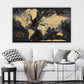 a living room with a white couch and a black and gold map on the wall