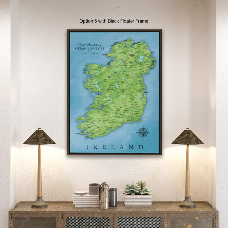 a map of ireland hangs on a wall