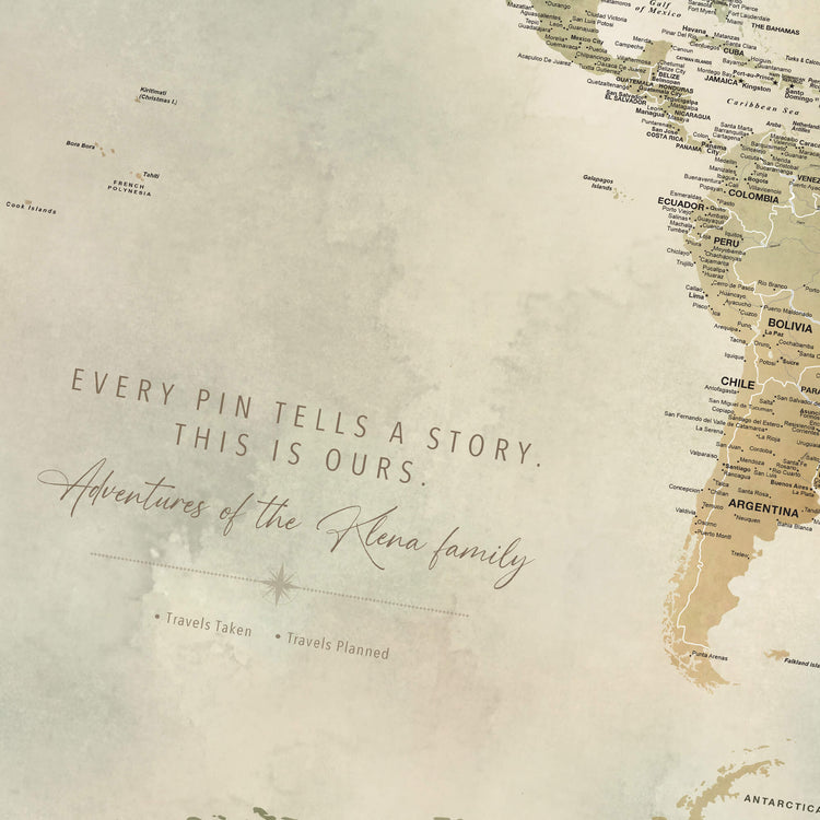 The image is a detailed map of South America, with a quote overlaid on it that reads "Every pin tells a story. This is ours. Adventures of the Kela family".