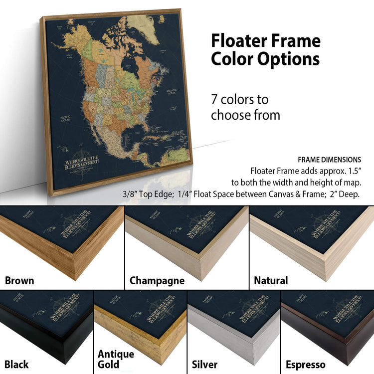 The image is a promotional image for a floating frame map of North America, featuring various frame colors and dimensions.