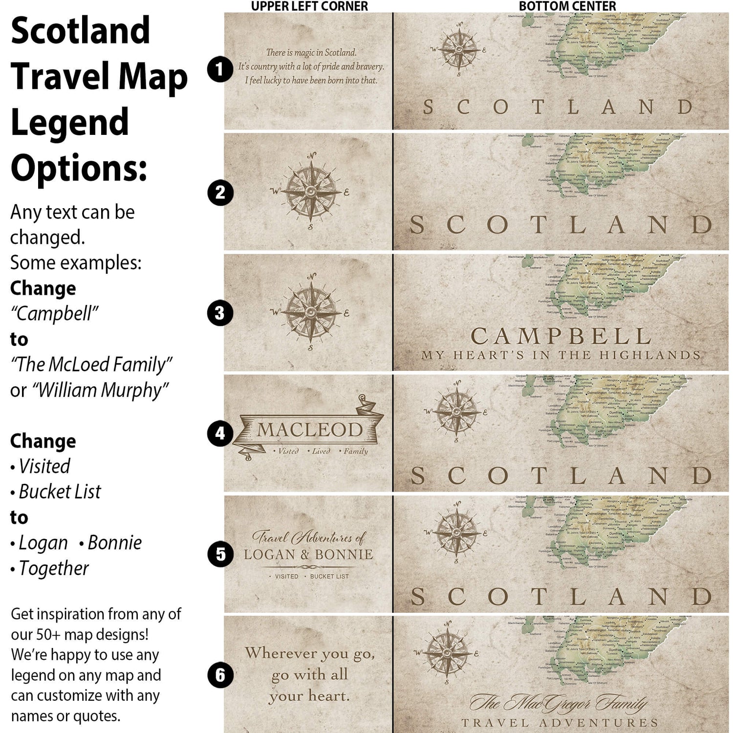 a travel map legend with various options for customizing the map, including changing the name of a country, adding a family name, and including a quote. The map is designed to provide inspiration for travelers and can be used to personalize their maps according to their preferences.