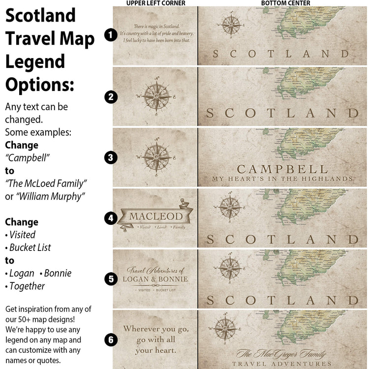 a travel map legend with various options for customizing the map, including changing the name of a country, adding a family name, and including a quote. The map is designed to provide inspiration for travelers and can be used to personalize their maps according to their preferences.