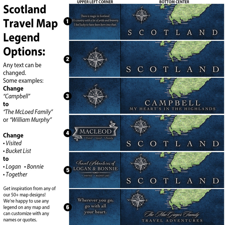 The image is a travel map legend with various options for customizing the map to represent different destinations or themes.