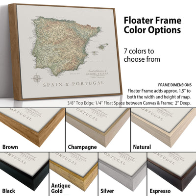 The image is a collage of different colored frames for a map of Spain and Portugal, with the map itself being a floating frame. The frames are labeled with their respective colors, such as Brown, Champagne, Natural, Antique Gold, Silver, and Espresso.
