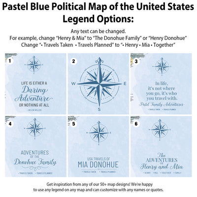 a collection of political map designs, each with a unique theme and message. The maps are labeled with various options such as "Any text can be changed," "Life is either a daring adventure or nothing at all," and "USA travels of the Donohue family." The maps are designed to inspire and showcase different aspects of the United States, including its history, culture, and geography.