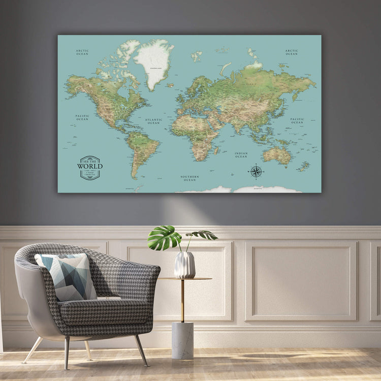 a living room with a chair and a large map on the wall