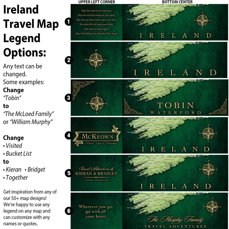 the ireland travel map is shown in green and gold