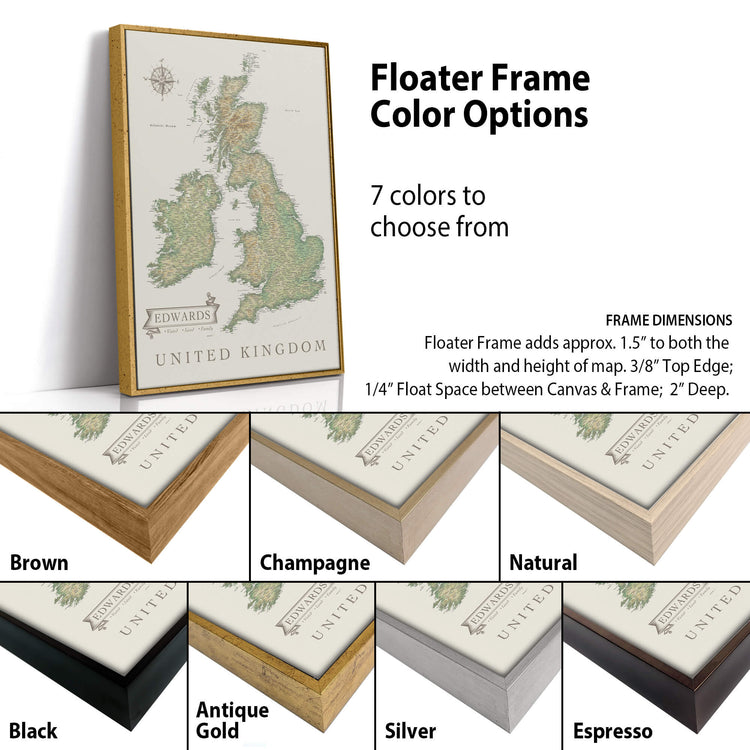 a picture frame with a map of the united kingdom