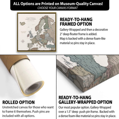 The image is a collage of three different options for a canvas print of a map, each with its own description and features.