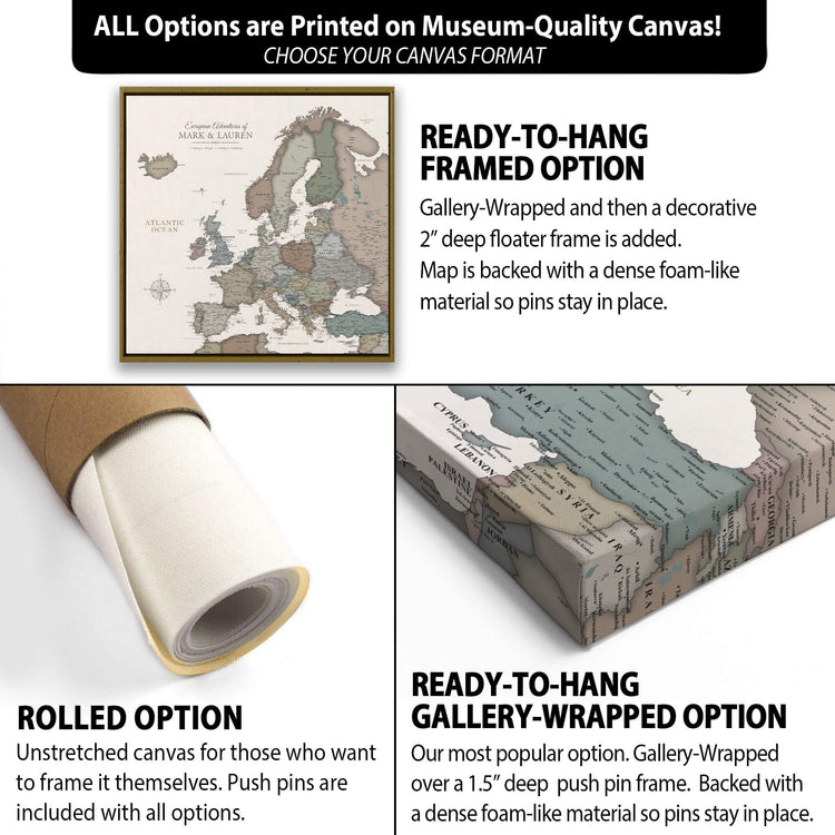 The image is a collage of three different options for a canvas print of a map, each with its own description and features.