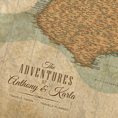 The image is a map titled "The Adventures of Anthony & Karla" with a subtitle "Travellers Taken" and "T Travels Planned".