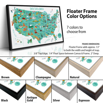 The image is a collage of different colored frames for a map of the United States, with each frame showcasing a different frame color option.