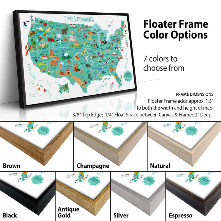 The image is a collage of different colored frames for a map of the United States, with each frame showcasing a different frame color option.