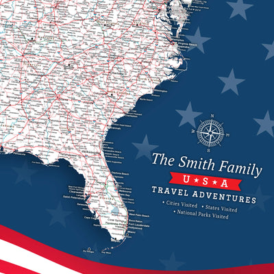 The image is a detailed map of the United States, with a focus on Florida and the surrounding areas. The map is set against a blue background with white stars, and the text "The Smith Family U.S.A. TRAVEL ADVENTURES" is displayed prominently.