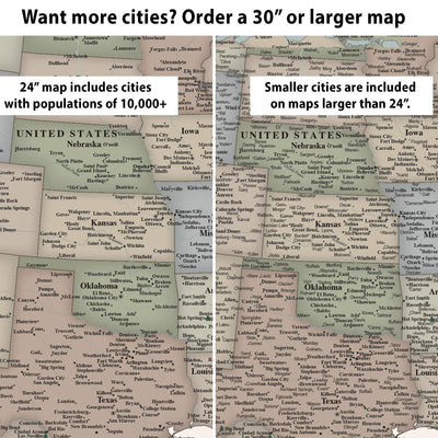 The image is a comparison of two maps, one showing a smaller map of the United States and the other showing a larger map of the United States. The smaller map includes cities with populations of 10,000+ and the larger map includes cities with populations of 24,000+ or larger.