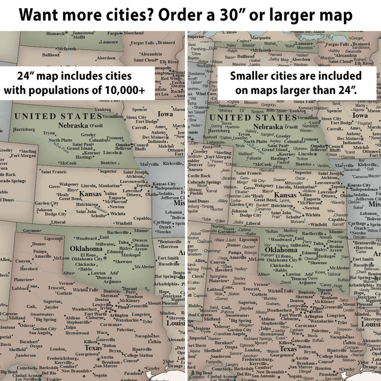 The image is a comparison of two maps, one showing a smaller map of the United States and the other showing a larger map of the United States. The smaller map includes cities with populations of 10,000+ and the larger map includes cities with populations of 24,000+ or larger.