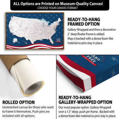 The image is a collage of three different options for a canvas print of the United States map, including a ready-to-hang framed option, a rolled option, and a gallery-wrapped option.